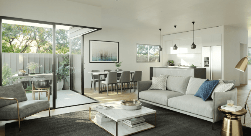 Modern lifestyle village living room with light gray sofa (blue pillow), marble coffee table, gray rug, and large windows opening to dining area and greenery.