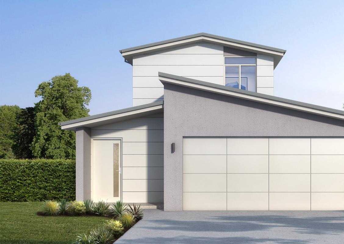 Modern house with slanted roof, large windows, minimalist design, smooth facade, garage door, surrounded by green shrubbery and grass.
